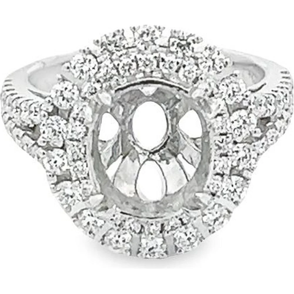 Roman & Jules - 18K White Gold Oval Diamond Double Halo Ring with Split Shank - 1.11 Carat Total Diamond Weight