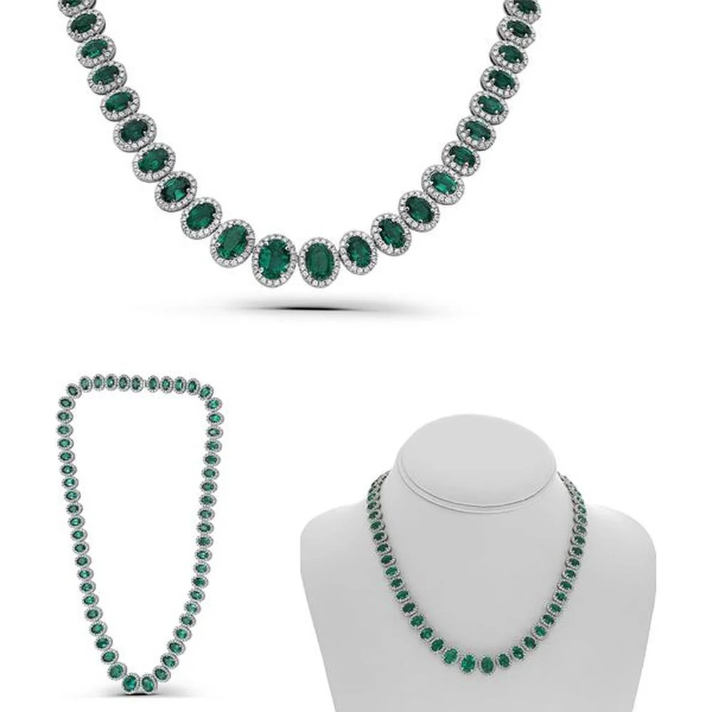 Roman & Jules - 18K White Gold Oval Emerald and Diamond Halo Necklace - 33.25 Carat Total Emerald Weight, 6.58 Carat Total Diamond Weight