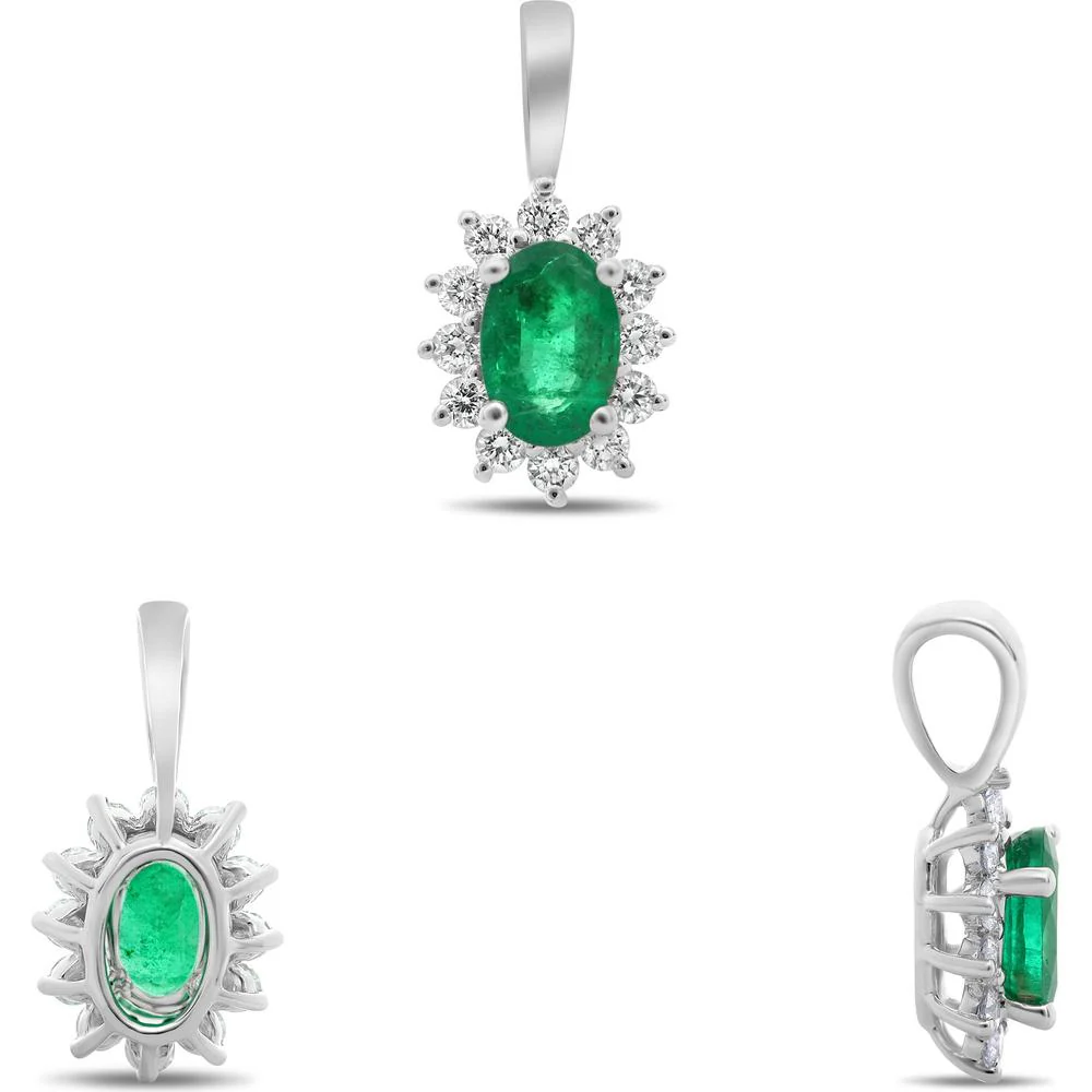 Roman & Jules - 18K White Gold Oval Emerald Halo Pendant with Round Diamonds - 0.40 Carat Total Diamond Weight