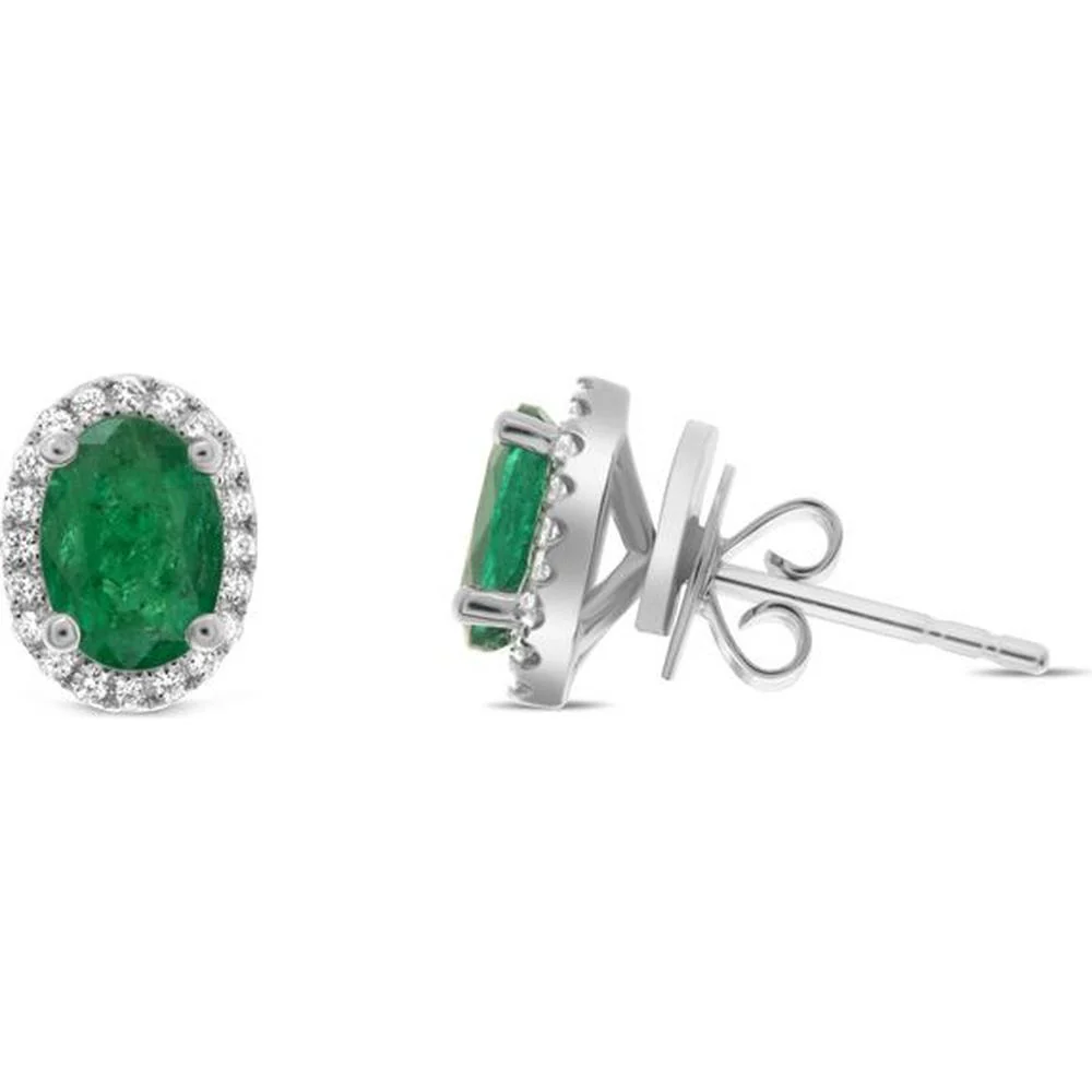 Roman & Jules - 18K White Gold Oval Emerald Halo Stud Earrings with Round Diamond Accent - 2.00 Carat Total Emerald Weight