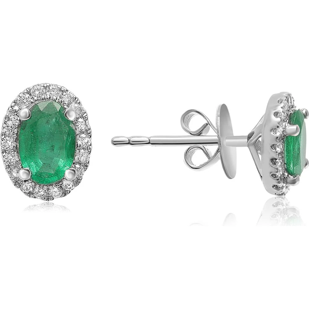 Roman & Jules - 18K White Gold Oval Emerald Halo Stud Earrings with Round Diamonds - 0.95 Carat Total Emerald Weight