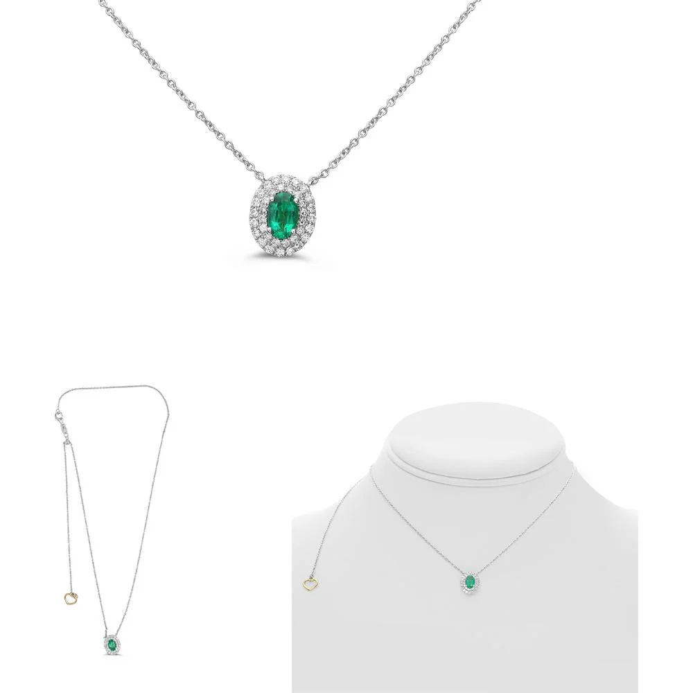 Roman & Jules - 18K White Gold Oval Emerald Necklace with Round Diamond Halo - 0.34 Carat Emerald and 0.23 Carat Total Diamond Weight