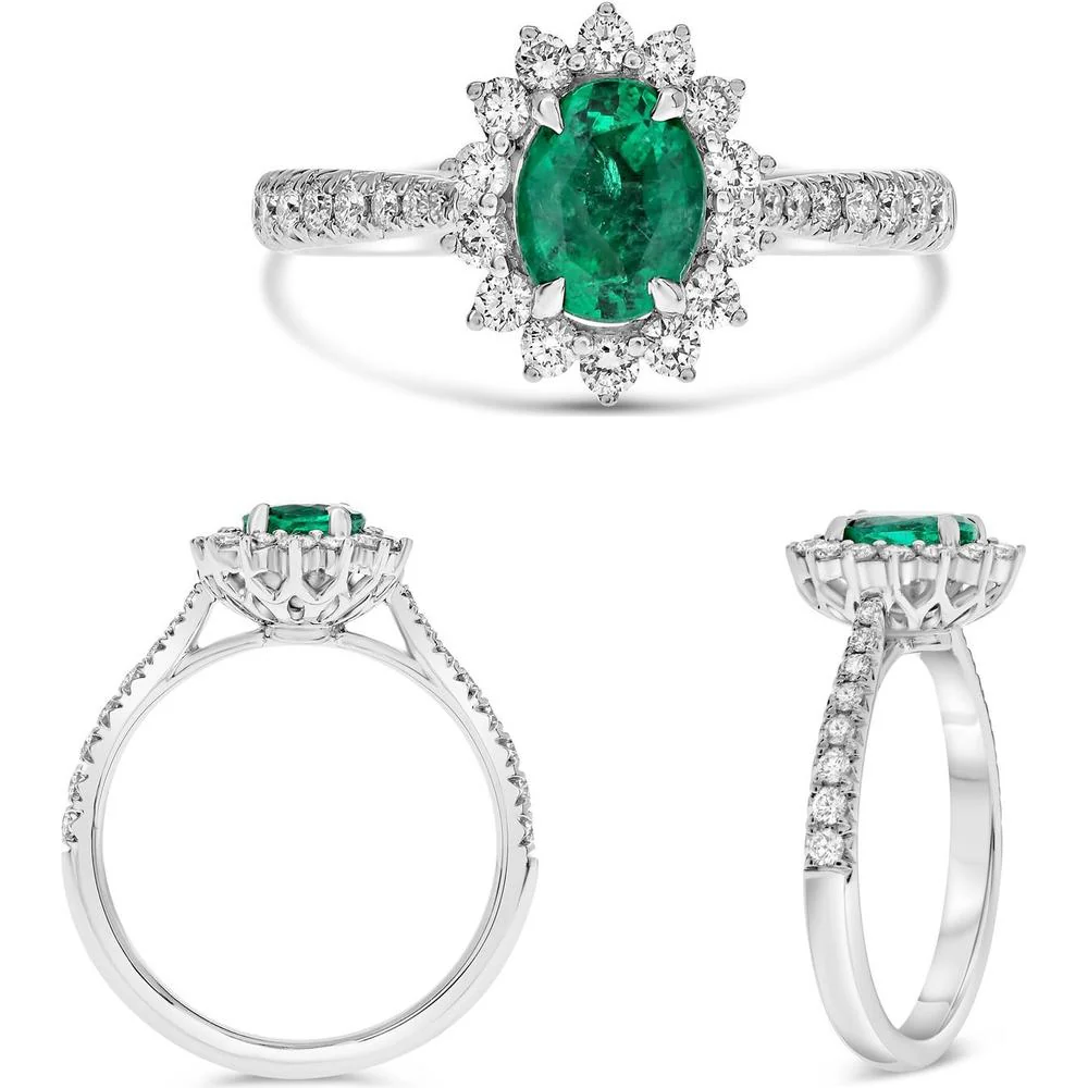 Roman & Jules - 18K White Gold Oval Emerald Ring with Diamond Halo - 0.91 Carat Total Emerald Weight, 0.76 Carat Total Diamond Weight