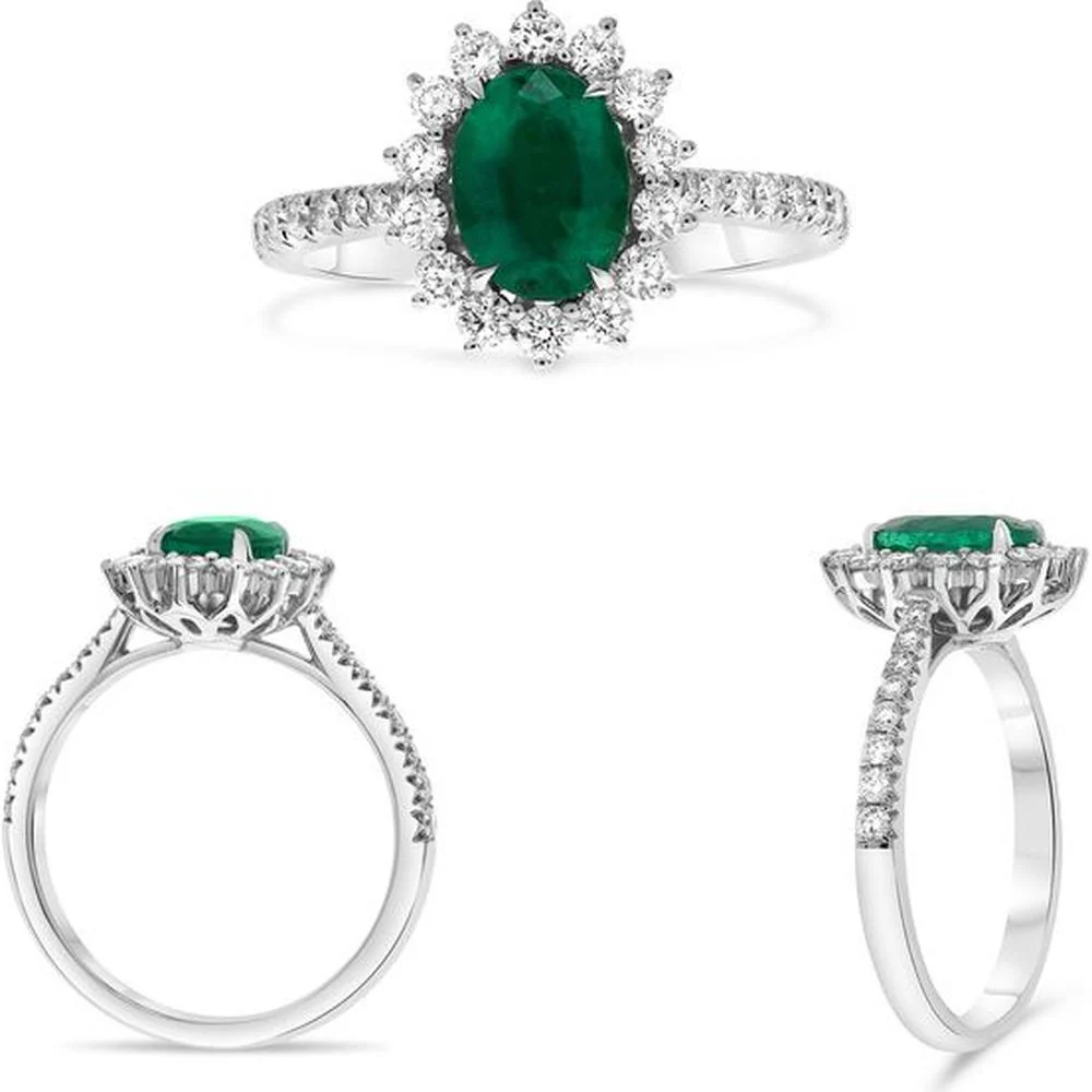 Roman & Jules - 18K White Gold Oval Emerald Ring with Halo of Round Diamonds - 1.58 Carat Total Diamond Weight