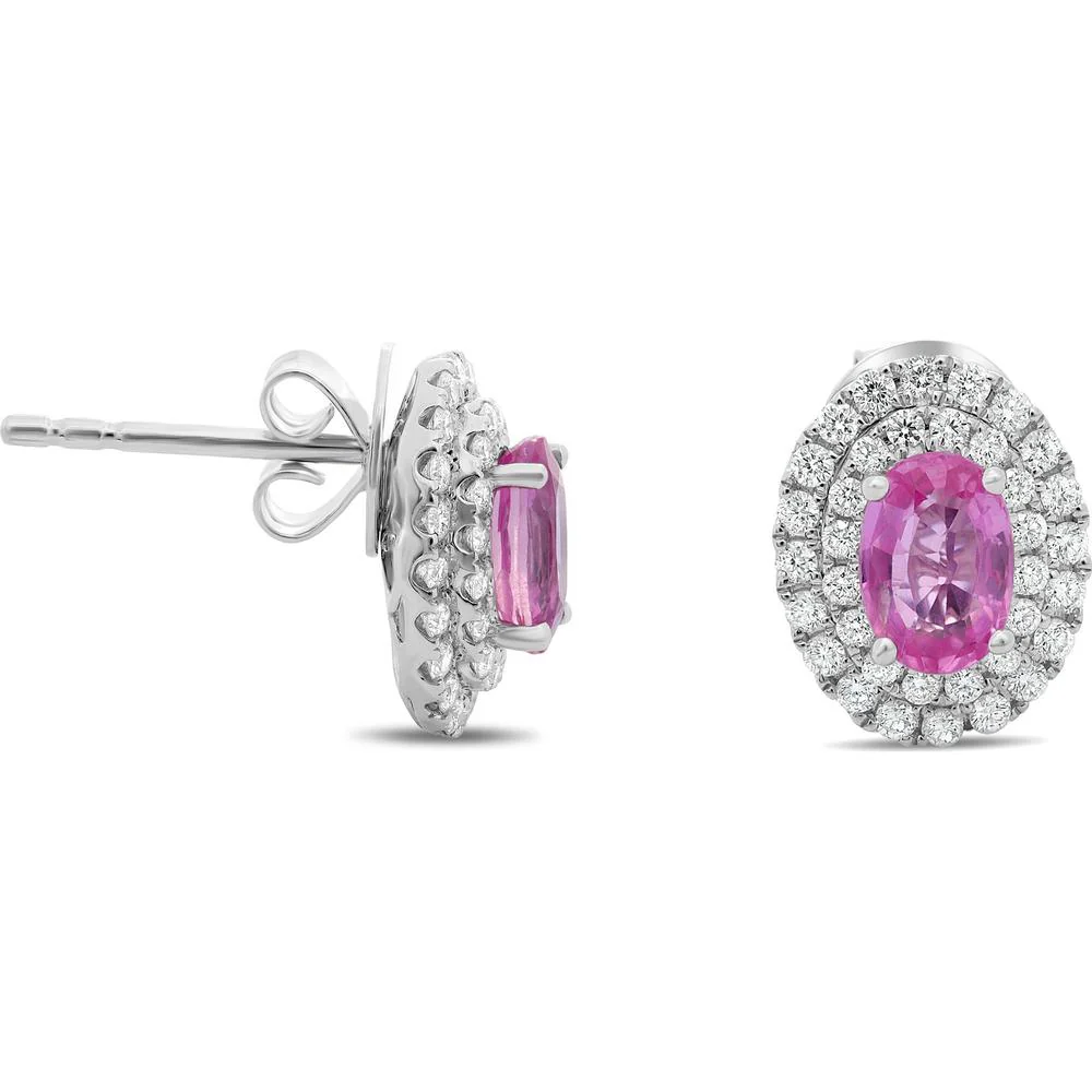 Roman & Jules - 18K White Gold Oval Pink Sapphire and Diamond Double Halo Stud Earrings - 1.27 Carat Total Sapphire Weight, 0.88 Carat Total Diamond Weight