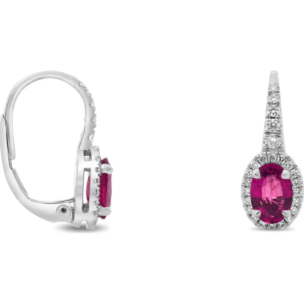 Roman & Jules - 18K White Gold Oval Pink Sapphire and Diamond Halo Drop Earrings - 1.36 Carat Total Pink Sapphire Weight