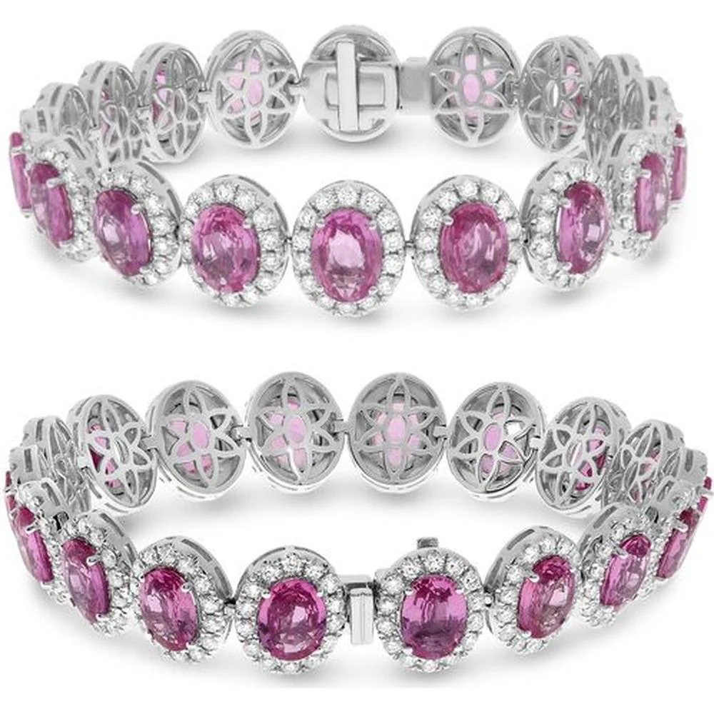 Roman & Jules - 18K White Gold Oval Pink Sapphire Bracelet with Diamond Halo - 24.14 Carat Total Gem Weight