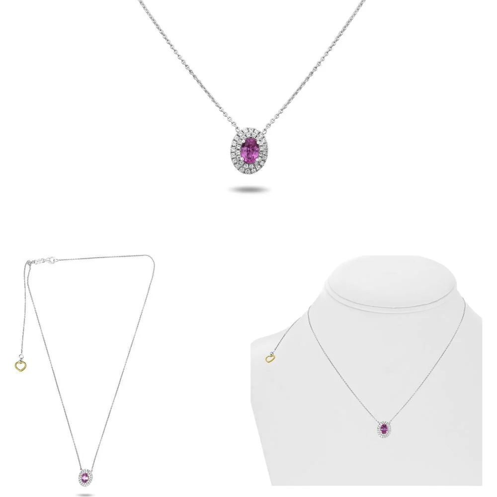 Roman & Jules - 18K White Gold Oval Pink Sapphire Double Halo Necklace with Round Diamonds - 0.22 Carat Total Diamond Weight