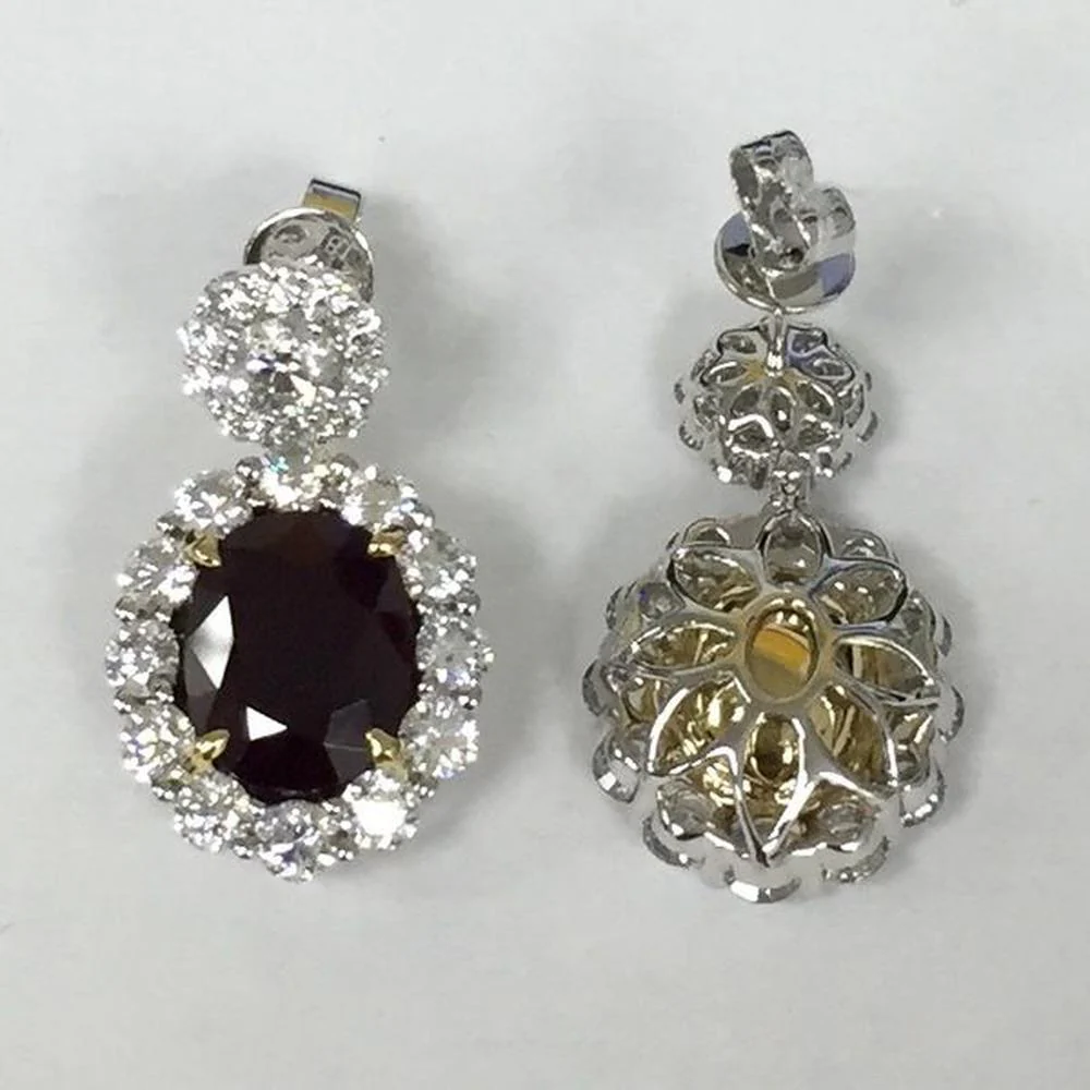 Roman & Jules - 18K White Gold Oval Pink Sapphire Earrings with Halo Round Diamonds - 2.02 Carat Total Sapphire Weight, 0.36 Carat Total Diamond Weight