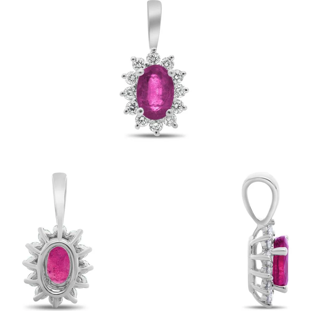 Roman & Jules - 18K White Gold Oval Pink Sapphire Halo Pendant with Round Diamonds - 0.50 Carat Total Gem Weight
