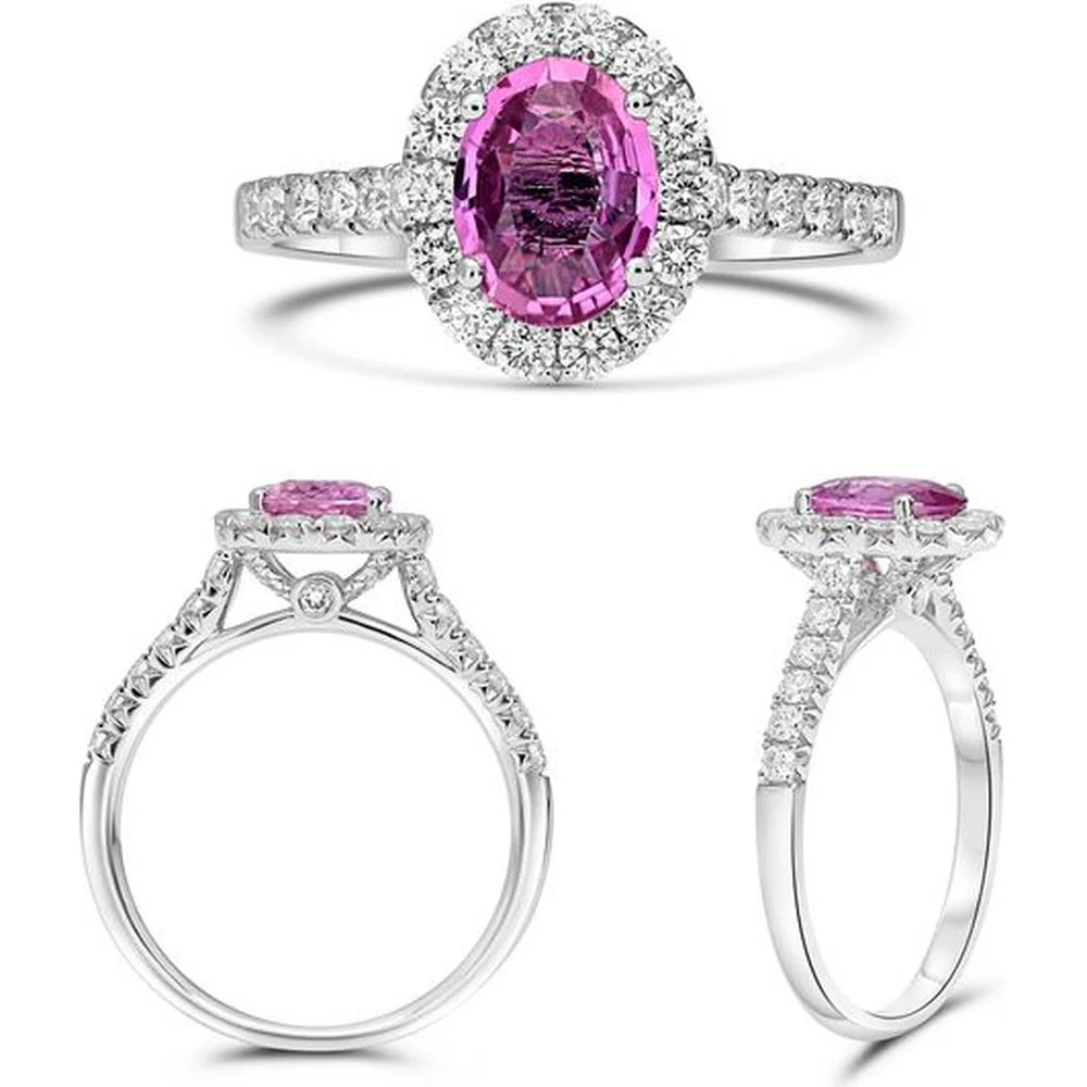 Roman & Jules - 18K White Gold Oval Pink Sapphire Halo Ring with Round Diamonds - 1.22 Carat Pink Sapphire Weight