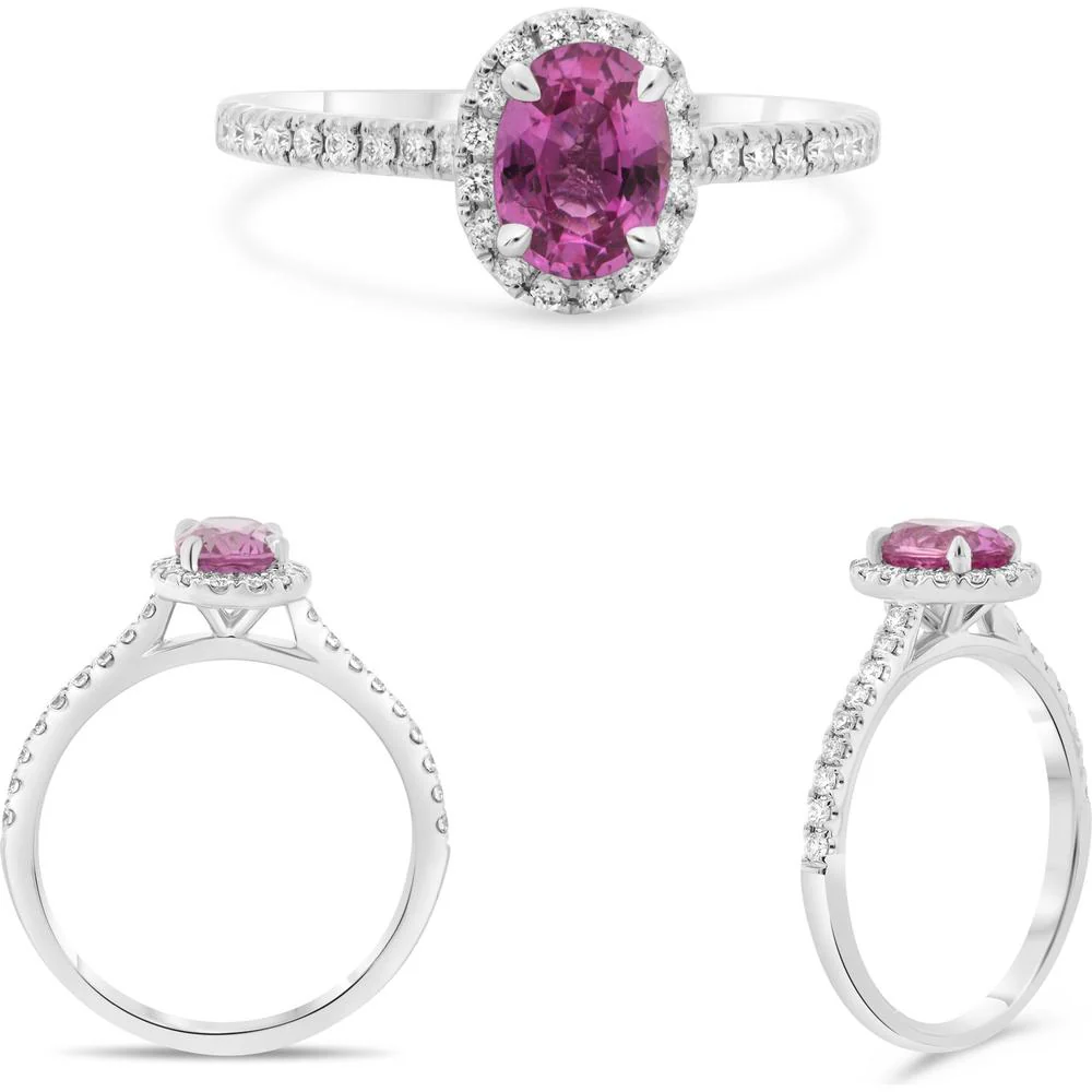 Roman & Jules - 18K White Gold Oval Pink Sapphire Halo Ring with Round Diamonds - 1.48 Carat Total Gem Weight