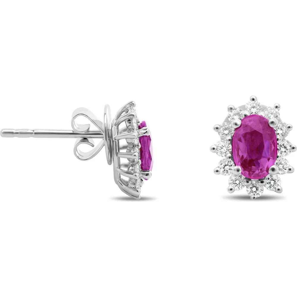 Roman & Jules - 18K White Gold Oval Pink Sapphire Halo Stud Earrings with Round Diamonds - 1.00 Carat Total Gem Weight
