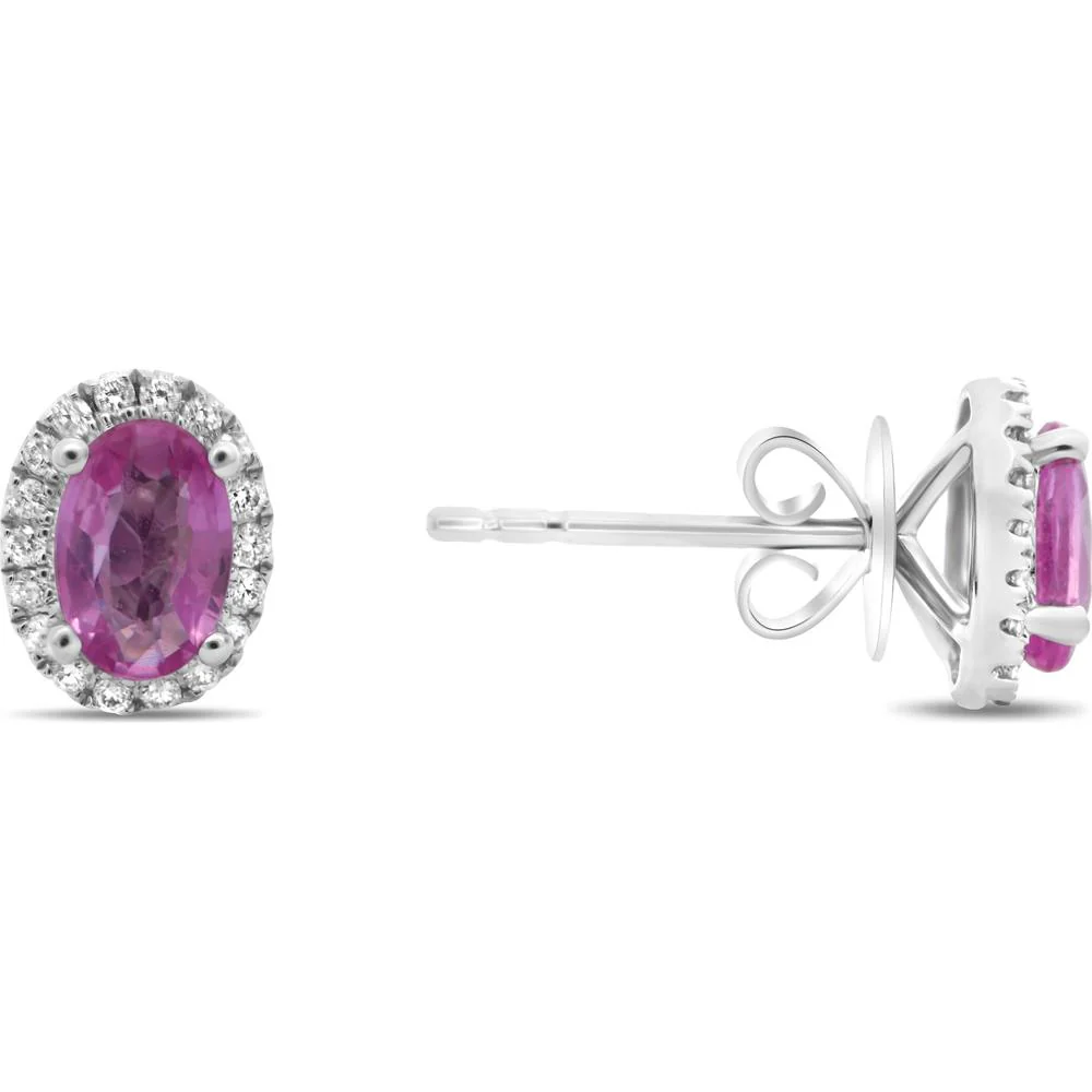Roman & Jules - 18K White Gold Oval Pink Sapphire Halo Stud Earrings with Round Diamonds - 1.12 Carat Total Gem Weight