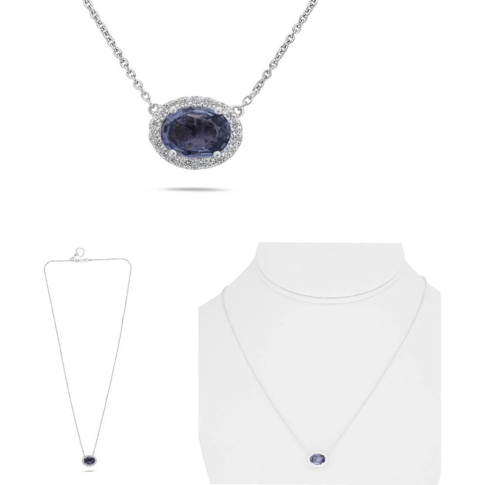 Roman & Jules - 18K White Gold Oval Purple Sapphire Necklace with Diamond Halo - 1.30 Carat Total Gem Weight