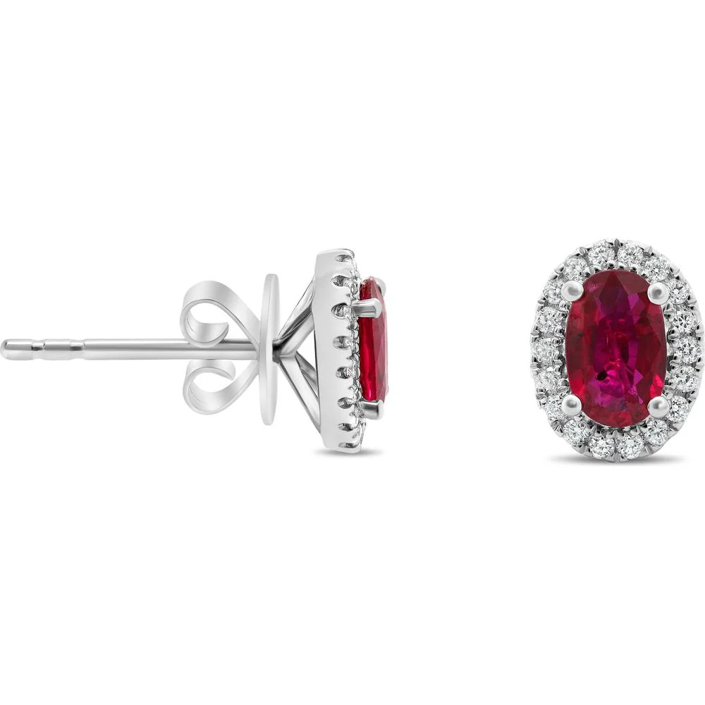 Roman & Jules - 18K White Gold Oval Ruby and Diamond Halo Stud Earrings - 1.10 Carat Total Ruby Weight