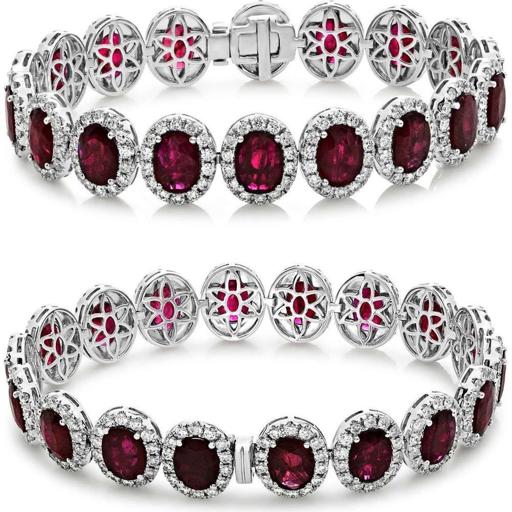 Roman & Jules - 18K White Gold Oval Ruby Bracelet with Diamond Halo - 20.72 Carat Total Ruby Weight