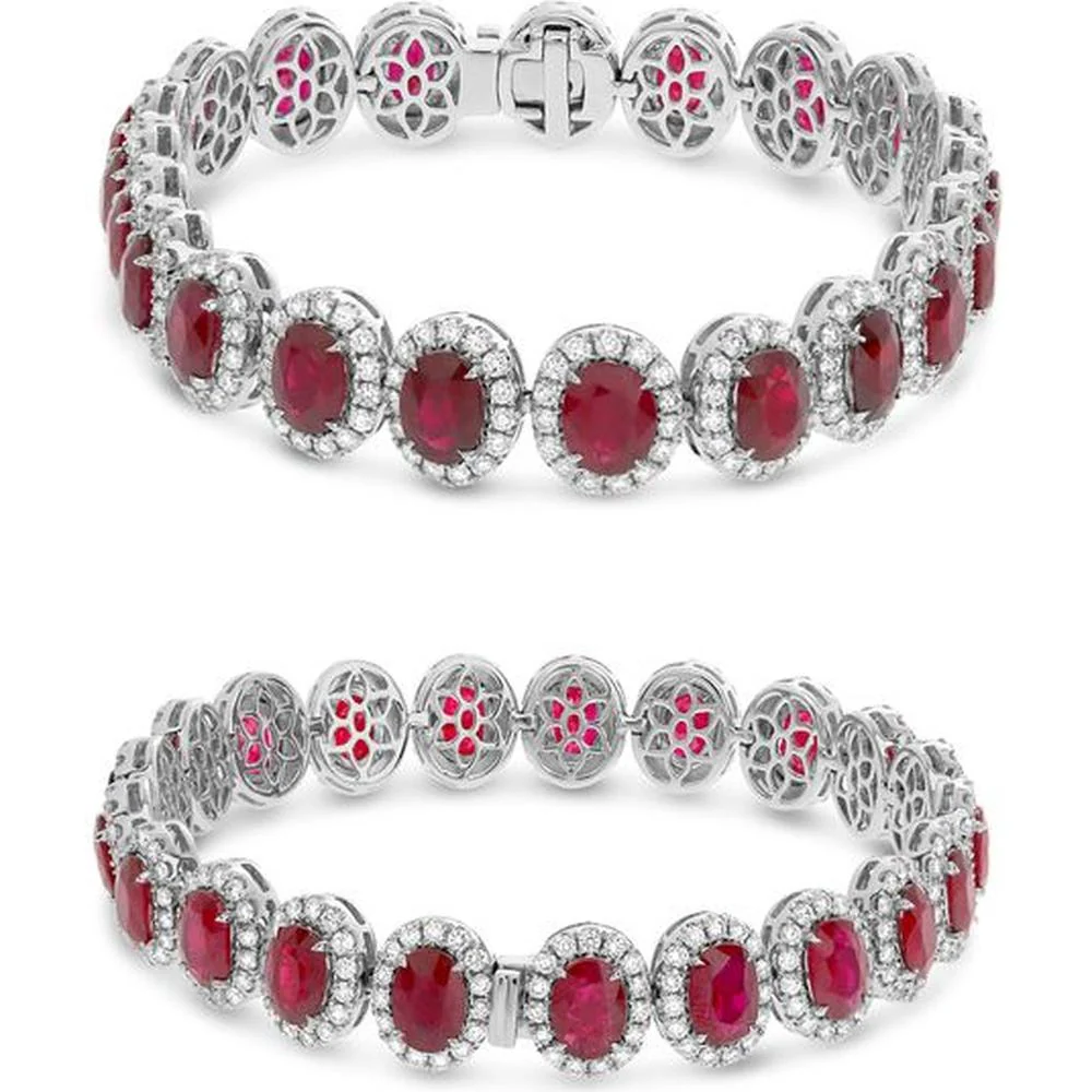 Roman & Jules - 18K White Gold Oval Ruby Bracelet with Diamond Halo - 4.17 Carat Total Diamond Weight