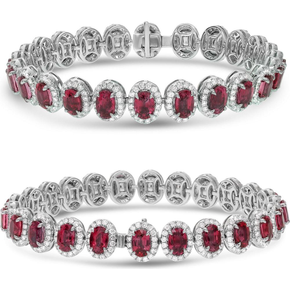 Roman & Jules - 18K White Gold Oval Ruby Bracelet with Round Diamond Halo - 13.71 Carat Total Ruby and Diamond Weight
