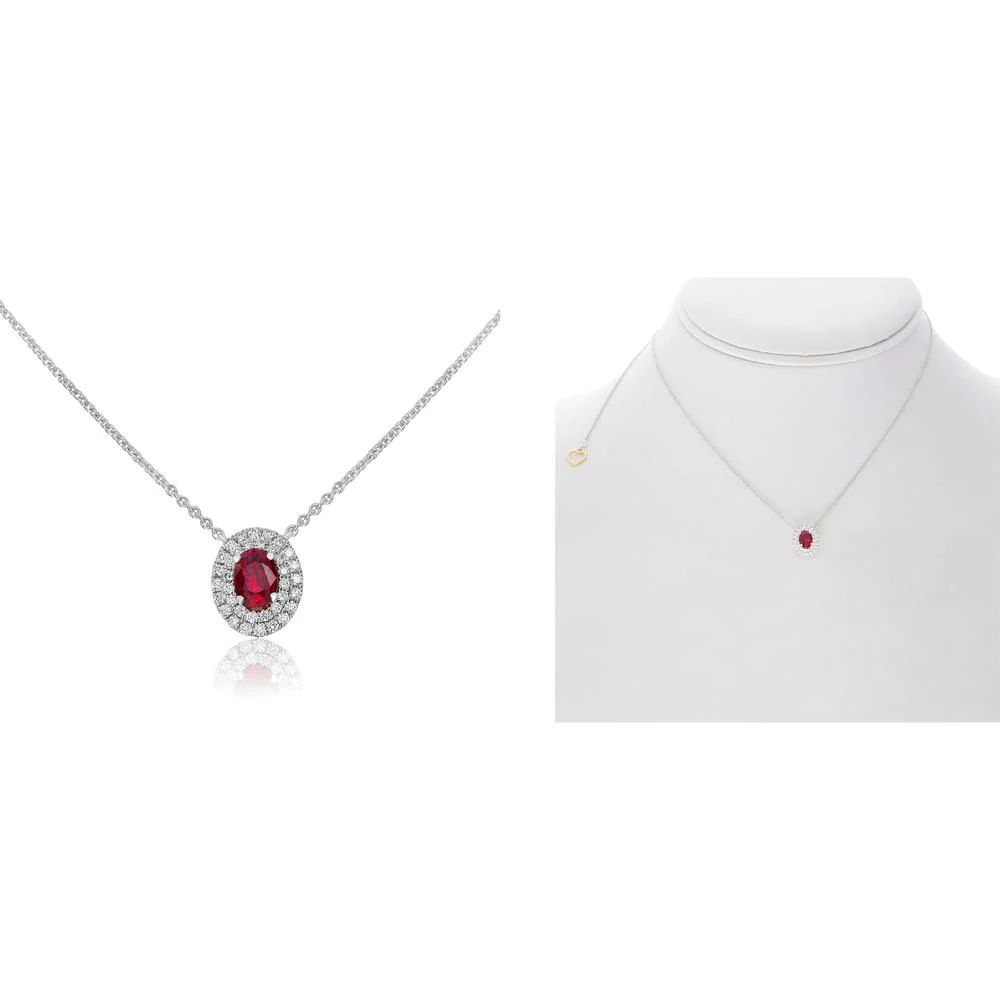 Roman & Jules - 18K White Gold Oval Ruby Double Halo Necklace with Round Diamonds - 0.23 Carat Total Diamond Weight