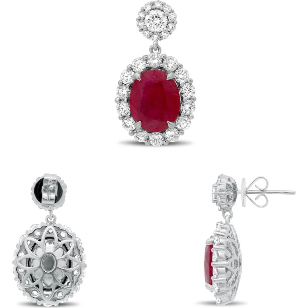 Roman & Jules - 18K White Gold Oval Ruby Earrings with Diamond Halo - 1.57 Carat Total Ruby Weight, 0.68 Carat Total Diamond Weight