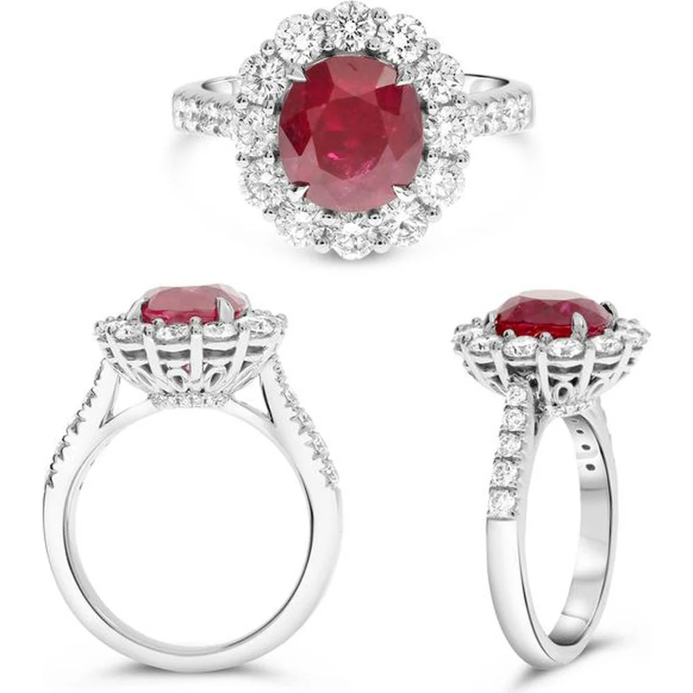 Roman & Jules - 18K White Gold Oval Ruby Halo Ring with 1.16 Carat Round Diamonds - 2.81 Carat Total Ruby Weight
