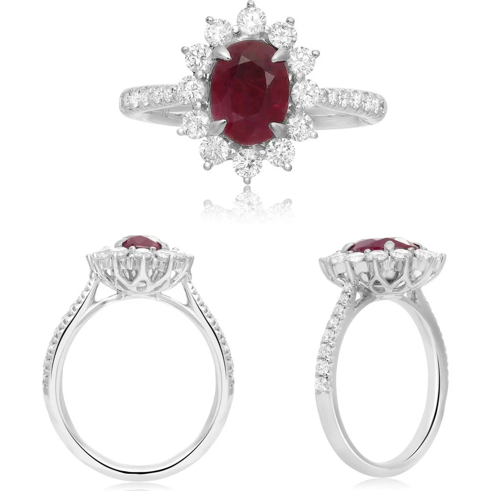 Roman & Jules - 18K White Gold Oval Ruby Halo Ring with Round Diamonds - 0.79 Carat Total Diamond Weight