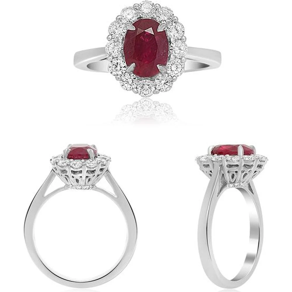 Roman & Jules - 18K White Gold Oval Ruby Halo Ring with Round Diamonds - 1.40 Carat Ruby, 0.65 Carat Total Diamond Weight