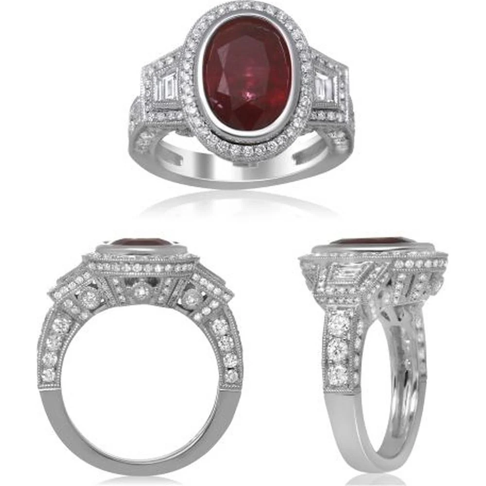 Roman & Jules - 18K White Gold Oval Ruby Halo Ring with Round Diamonds - 5.23 Carat Ruby, 1.20 Carat Total Diamond Weight