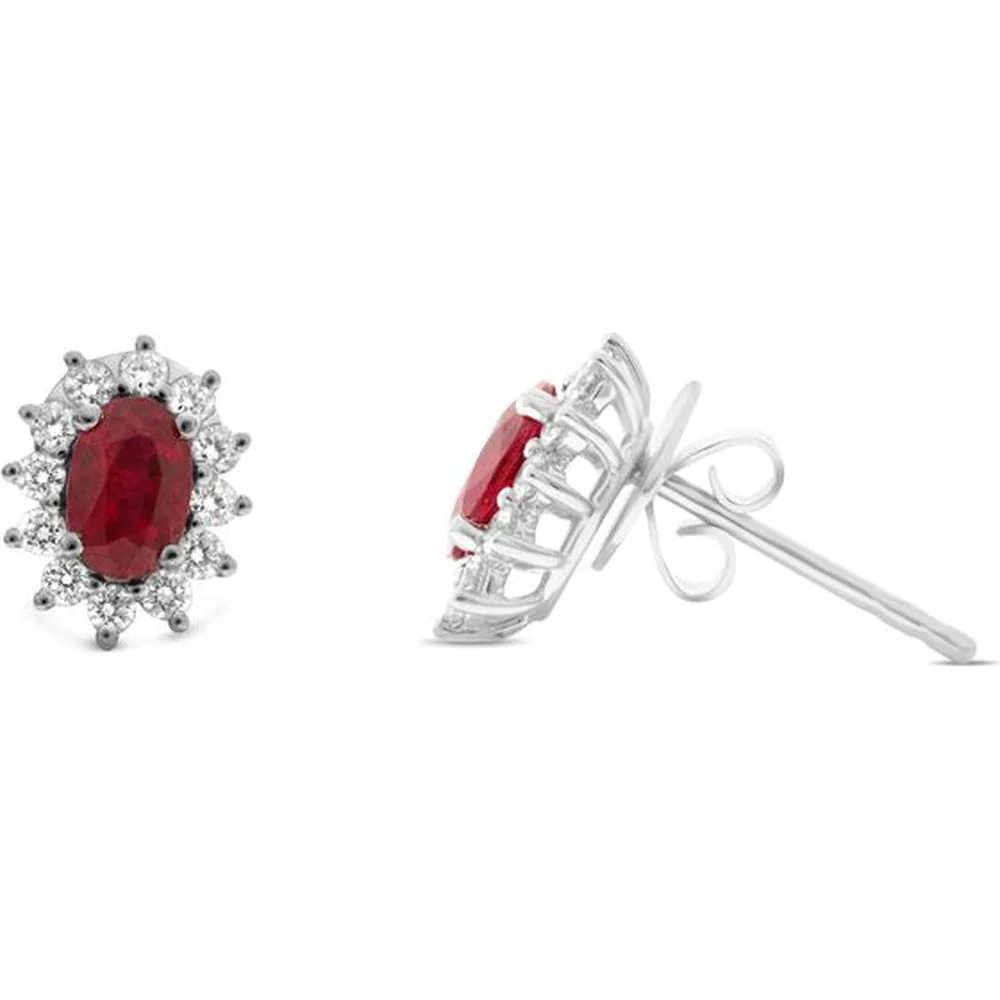 Roman & Jules - 18K White Gold Oval Ruby Halo Stud Earrings with Round Diamonds - 1.00 Carat Ruby, 0.40 Carat Diamond Total Weight
