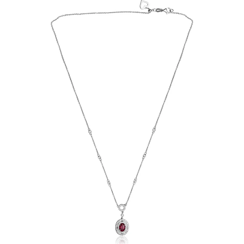 Roman & Jules - 18K White Gold Oval Ruby Necklace with Round Diamond Halo - 1.49 Carat Total Gem Weight