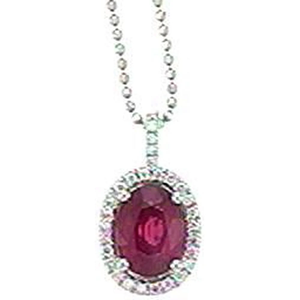 Roman & Jules - 18K White Gold Oval Ruby Pendant with Round Diamond Halo - 2.34 Carat Ruby, 0.14 Carat Diamond
