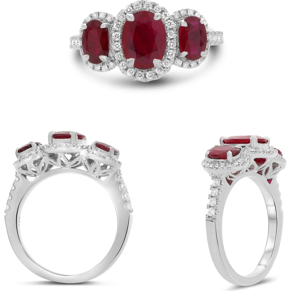 Roman & Jules - 18K White Gold Oval Ruby Ring with Round Diamond Halo - 2.22 Carat Total Ruby Weight, 0.33 Carat Total Diamond Weight