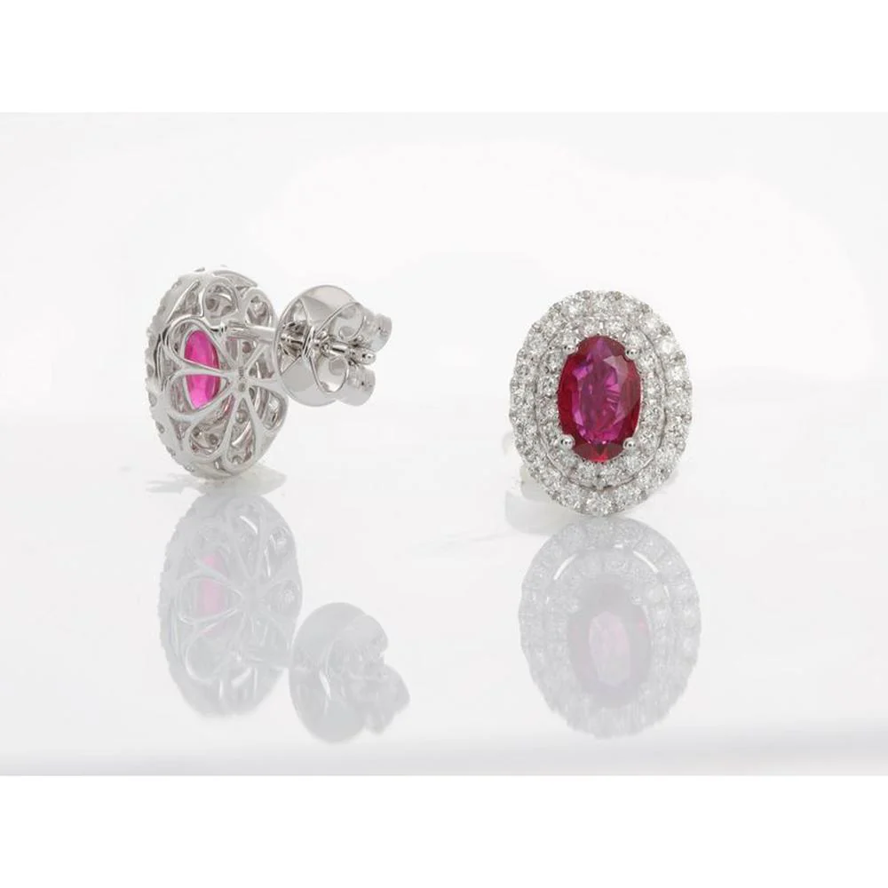 Roman & Jules - 18K White Gold Oval Ruby Stud Earrings with Round Diamond Halo - 1.00 Carat Total Diamond Weight