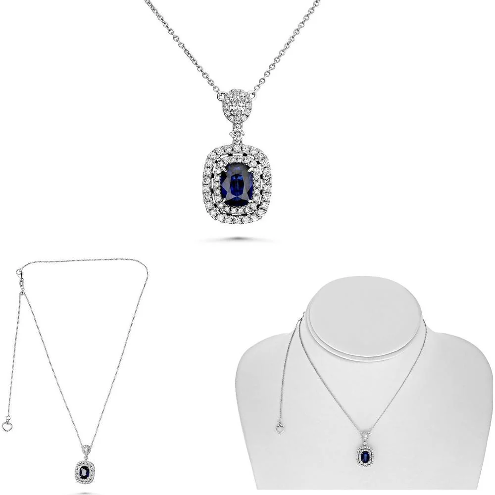 Roman & Jules - 18K White Gold Oval Sapphire and Diamond Double Halo Necklace - 1.61 Carat Total Sapphire Weight, 0.59 Carat Total Diamond Weight