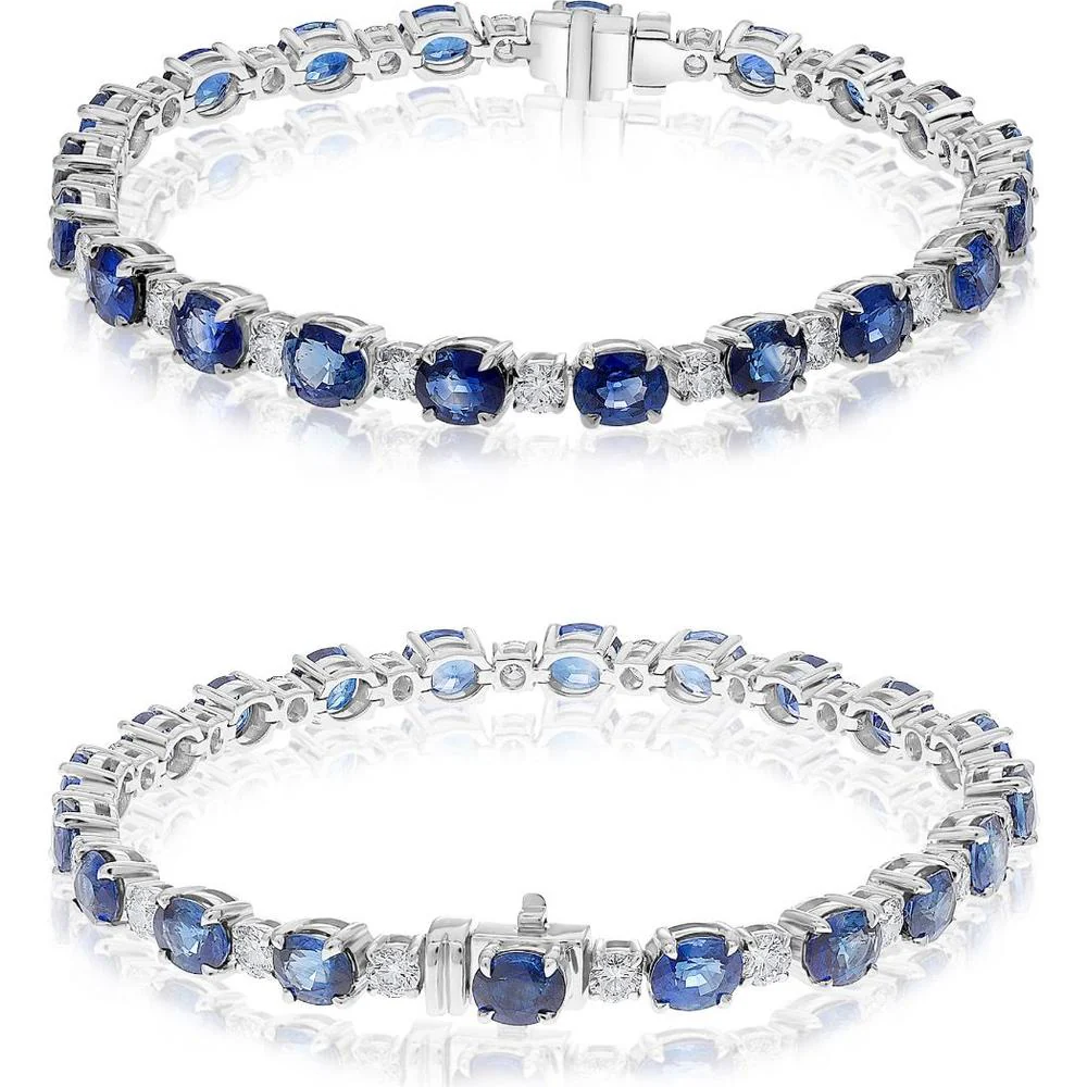 Roman & Jules - 18K White Gold Oval Sapphire and Round Diamond Tennis Bracelet - 13.33 Carat Total Sapphire Weight, 2.20 Carat Total Diamond Weight