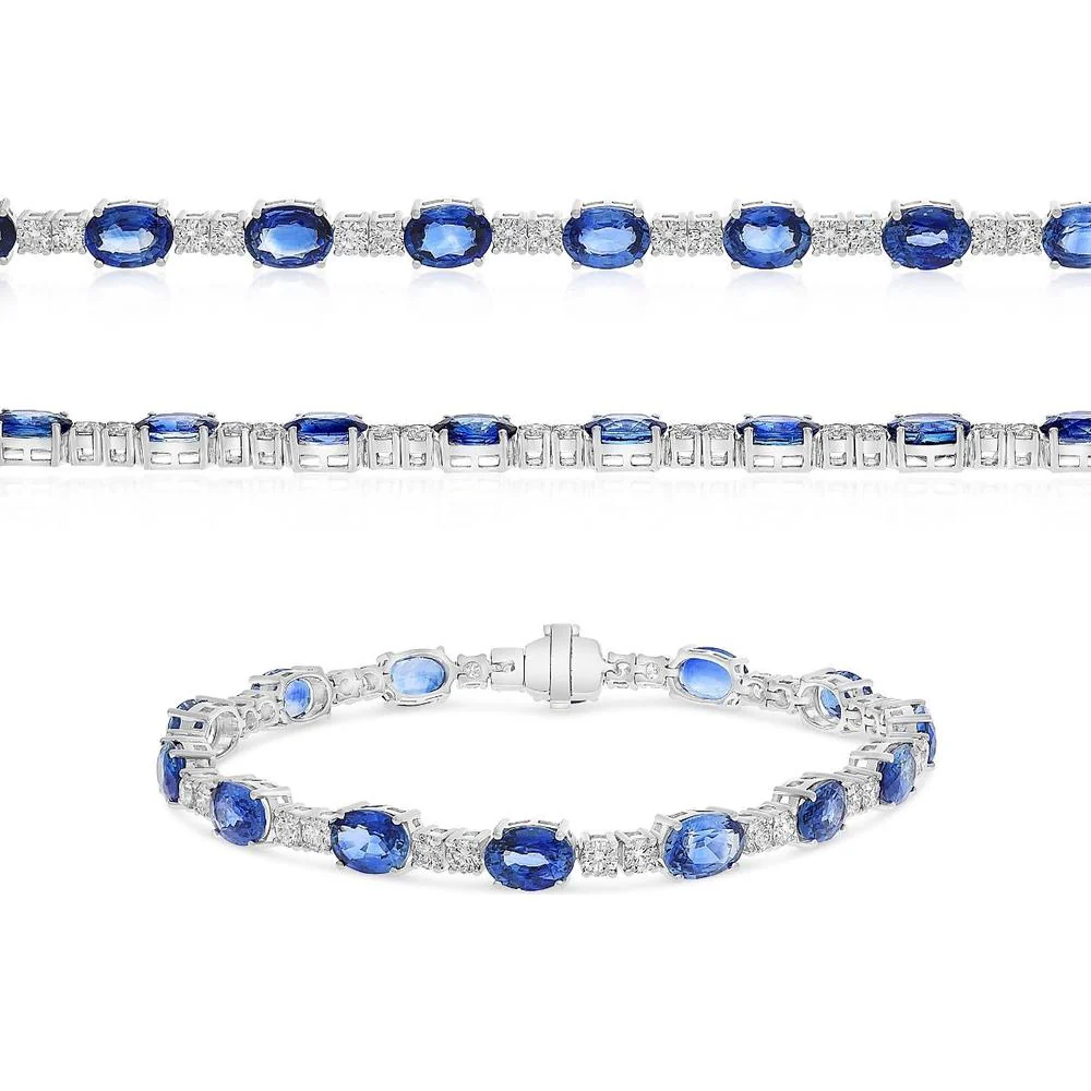 Roman & Jules - 18K White Gold Oval Sapphire and Round Diamond Tennis Bracelet - 2.27 Carat Total Diamond Weight