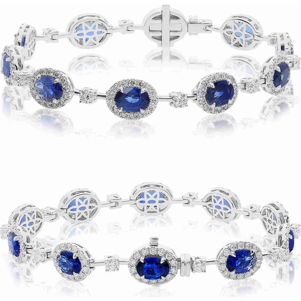 Roman & Jules - 18K White Gold Oval Sapphire Bracelet with Diamond Halo - 0.86 Carat Total Diamond Weight