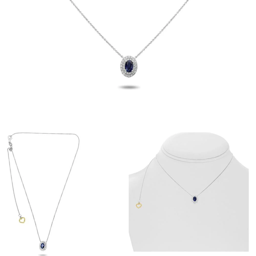 Roman & Jules - 18K White Gold Oval Sapphire Double Halo Necklace with Round Diamonds - 0.23 Carat Total Diamond Weight