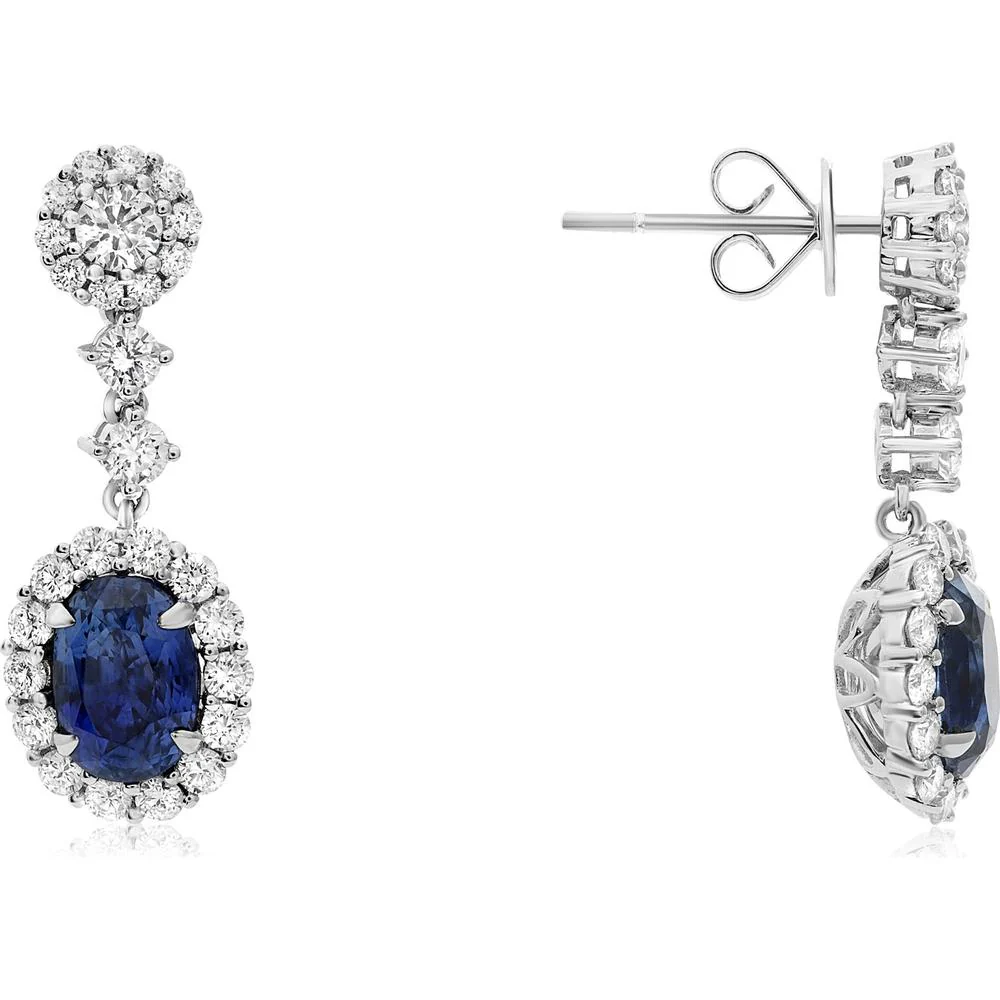 Roman & Jules - 18K White Gold Oval Sapphire Halo Earrings with Round Diamonds - 1.50 Carat Total Gem Weight