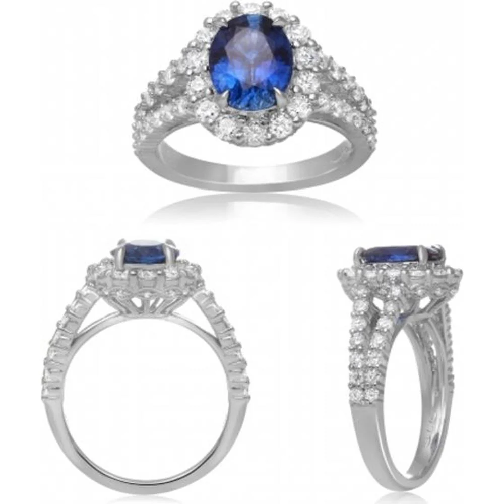 Roman & Jules - 18K White Gold Oval Sapphire Halo Ring with 1.22 Carat Round Diamonds - 2.52 Carat Sapphire