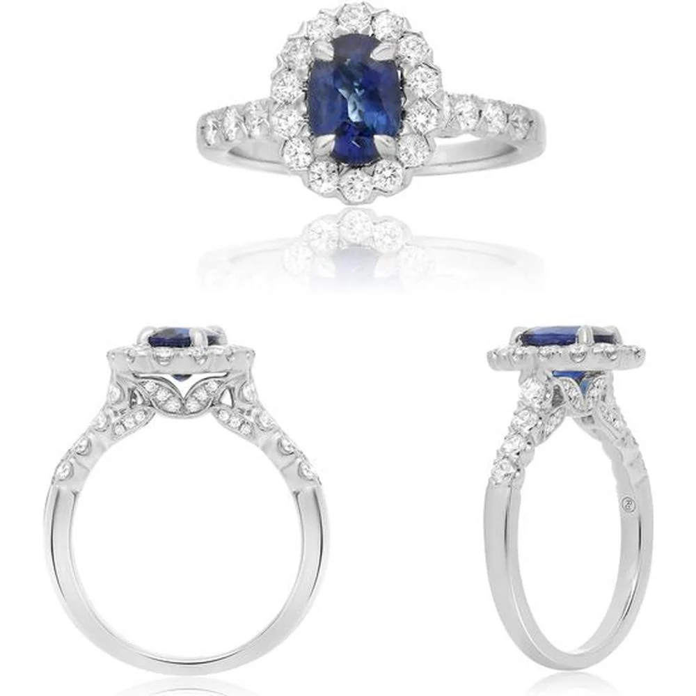 Roman & Jules - 18K White Gold Oval Sapphire Halo Ring with Round Diamonds - 0.72 Carat Total Diamond Weight