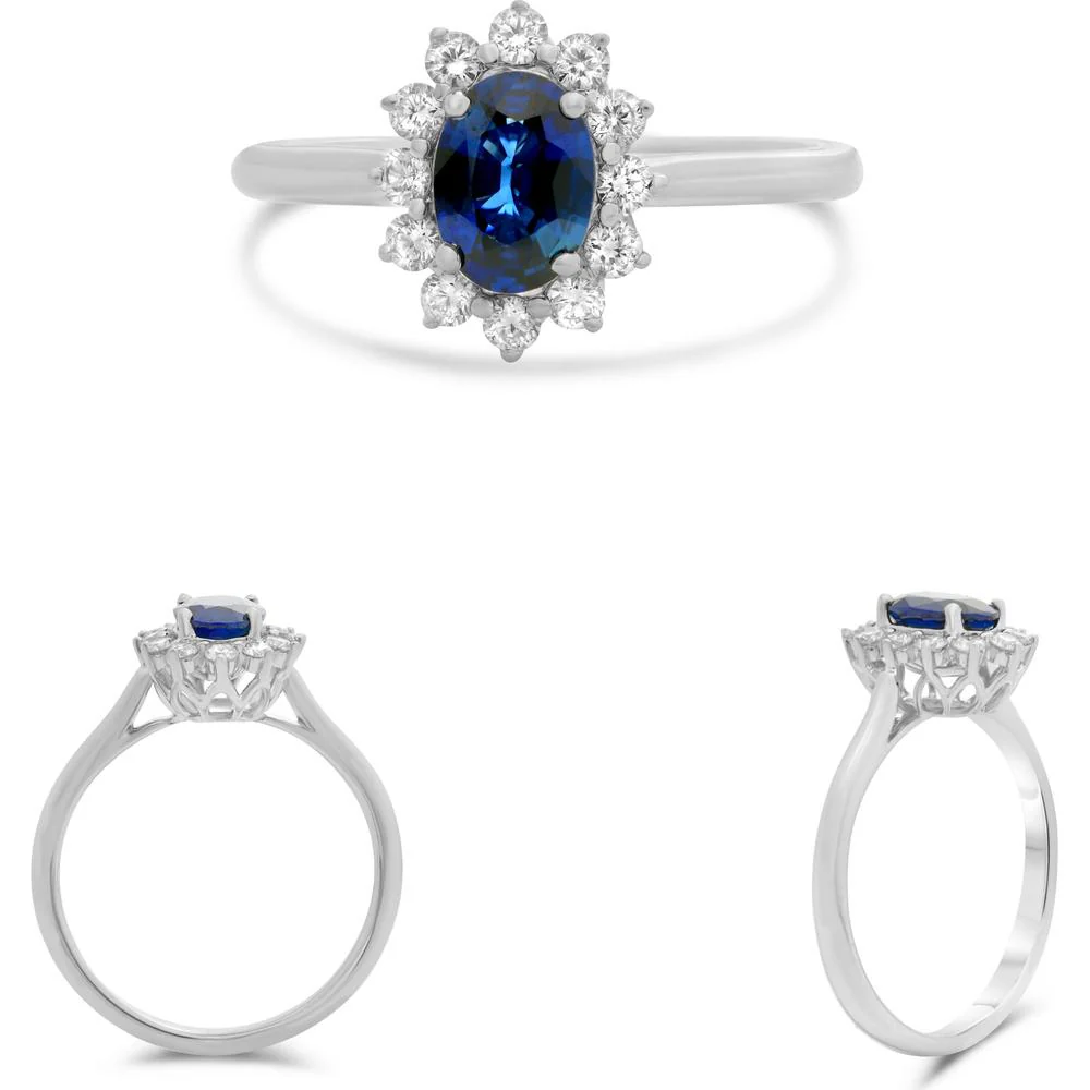 Roman & Jules - 18K White Gold Oval Sapphire Halo Ring with Round Diamonds - 1.32 Carat Total Gem Weight