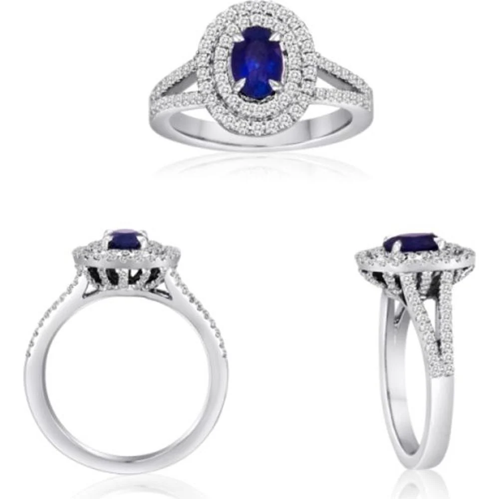 Roman & Jules - 18K White Gold Oval Sapphire Halo Ring with Round Diamonds - 1.55 Carat Total Sapphire Weight