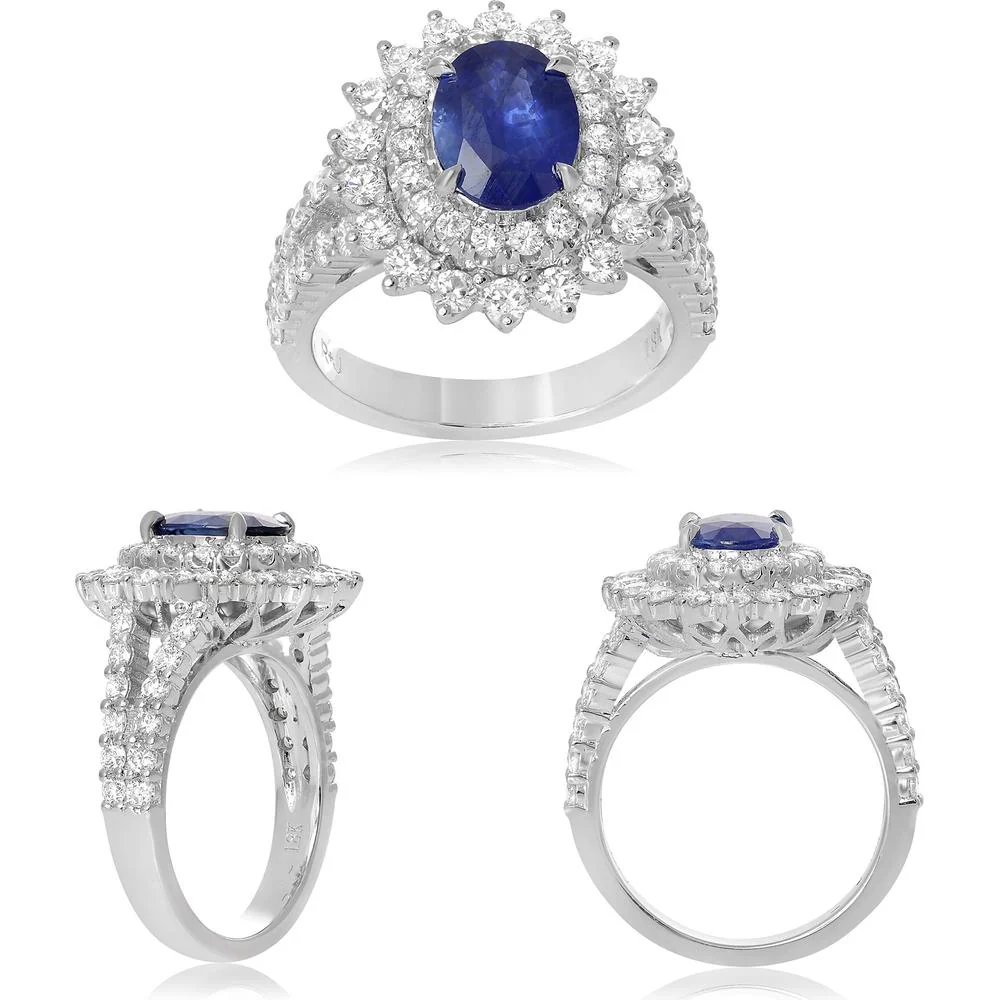Roman & Jules - 18K White Gold Oval Sapphire Halo Ring with Round Diamonds - 1.65 Carat Total Diamond Weight