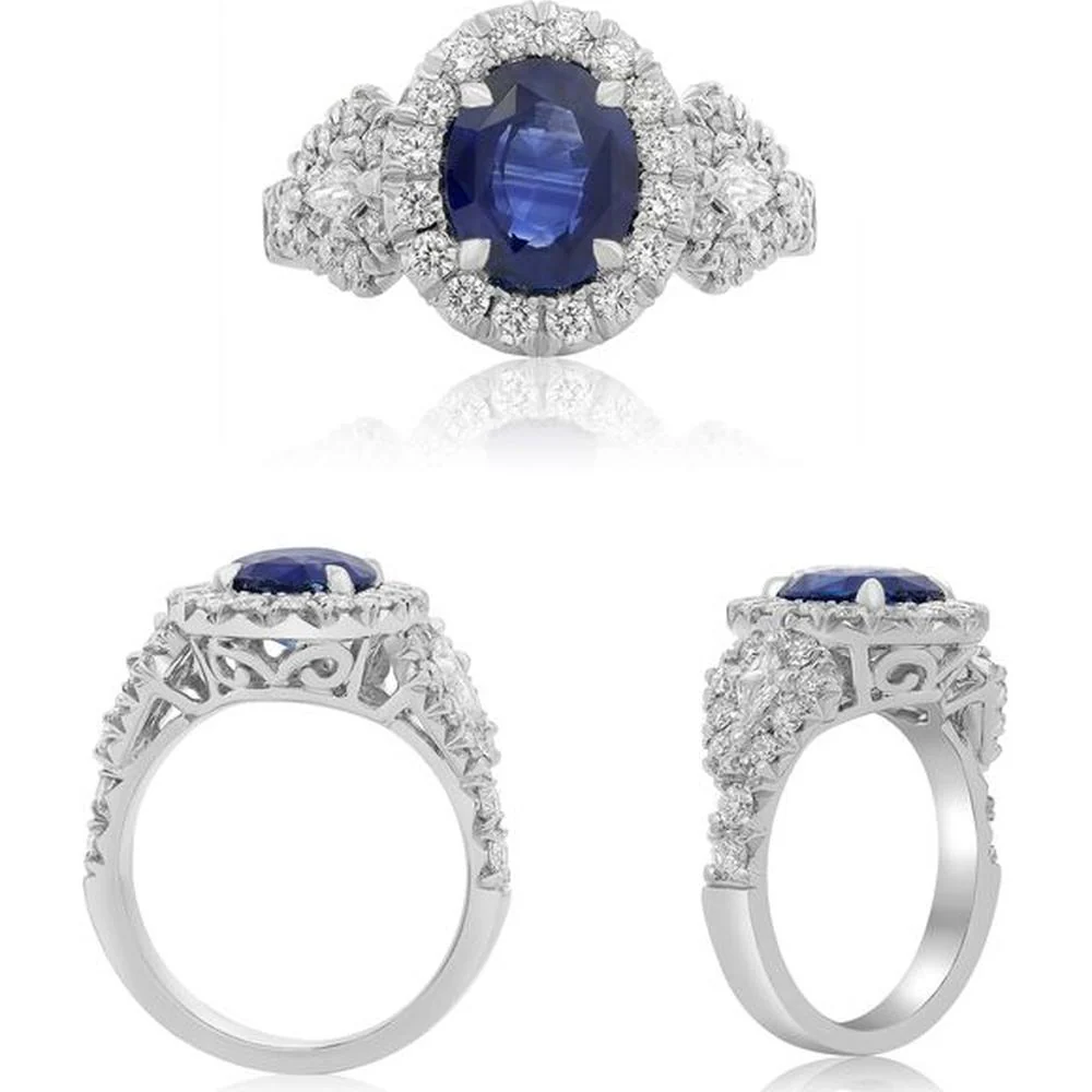 Roman & Jules - 18K White Gold Oval Sapphire Halo Ring with Round Diamonds - 3.12 Carat Sapphire, 0.20 Carat Diamonds