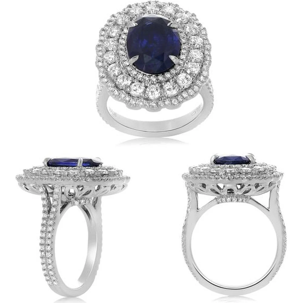 Roman & Jules - 18K White Gold Oval Sapphire Halo Ring with Round Diamonds - 4.20 Carat Sapphire, 1.94 Carat Total Diamond Weight