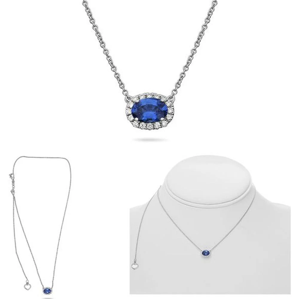 Roman & Jules - 18K White Gold Oval Sapphire Necklace with Diamond Halo - 0.97 Carat Sapphire, 0.12 Carat Total Diamond Weight