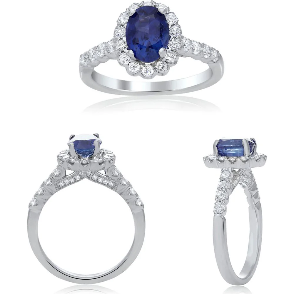 Roman & Jules - 18K White Gold Oval Sapphire Ring with Diamond Halo - 0.67 Carat Total Diamond Weight