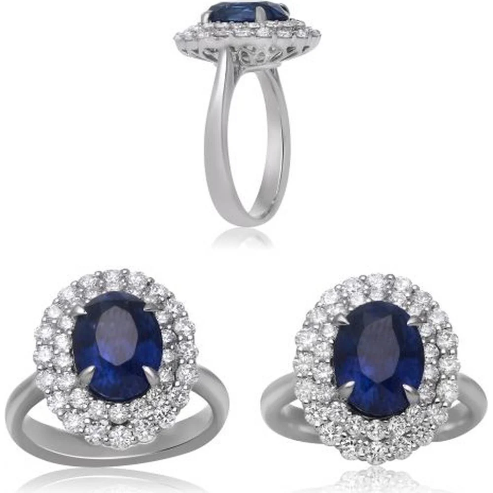 Roman & Jules - 18K White Gold Oval Sapphire Ring with Diamond Halo - 3.96 Carat Total Sapphire Weight